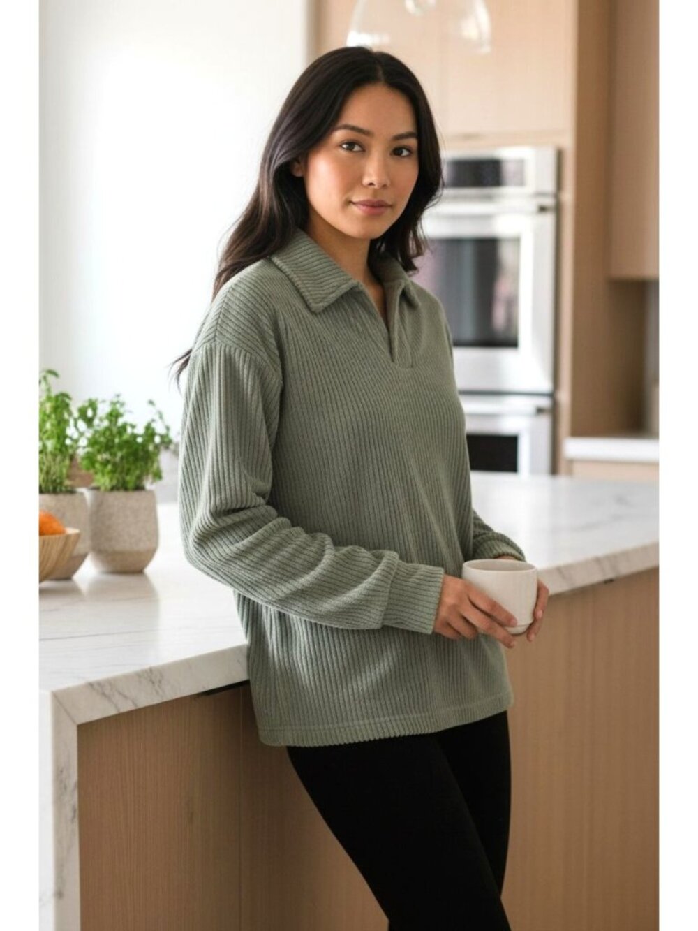 Mondetta L Corduroy Retro Fleece Pullover Top Long Sleeve V-neck Collar Shirt